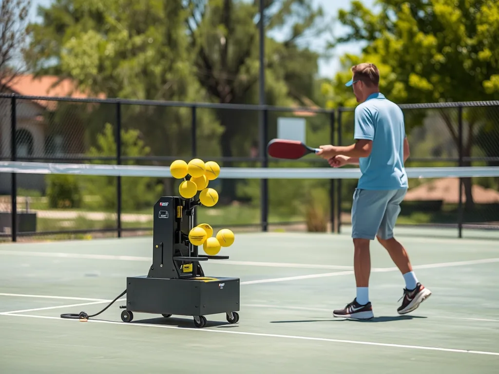 Máy bắn bóng Pickleball đang hoạt động trên sân, phóng bóng về phía người chơi đang chuẩn bị đánh, dưới ánh nắng, phong cách ảnh chân thực.