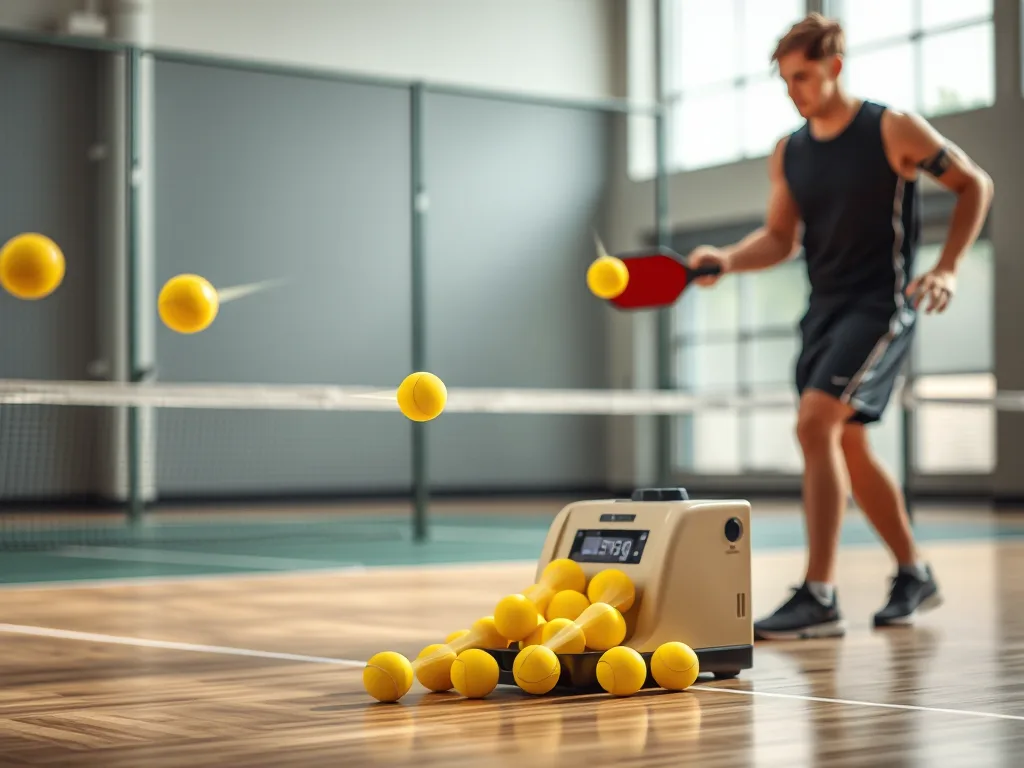 Máy bắn bóng Pickleball tự động phóng bóng vàng trên sân trong nhà, vận động viên trong tư thế chuẩn bị đón bóng, ánh sáng tự nhiên