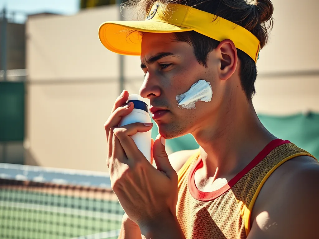 Minh họa cách bảo vệ làn da khi chơi Pickleball: vận động viên thoa kem chống nắng SPF 50+ trên sân ngoài trời dưới nắng 40 độ.