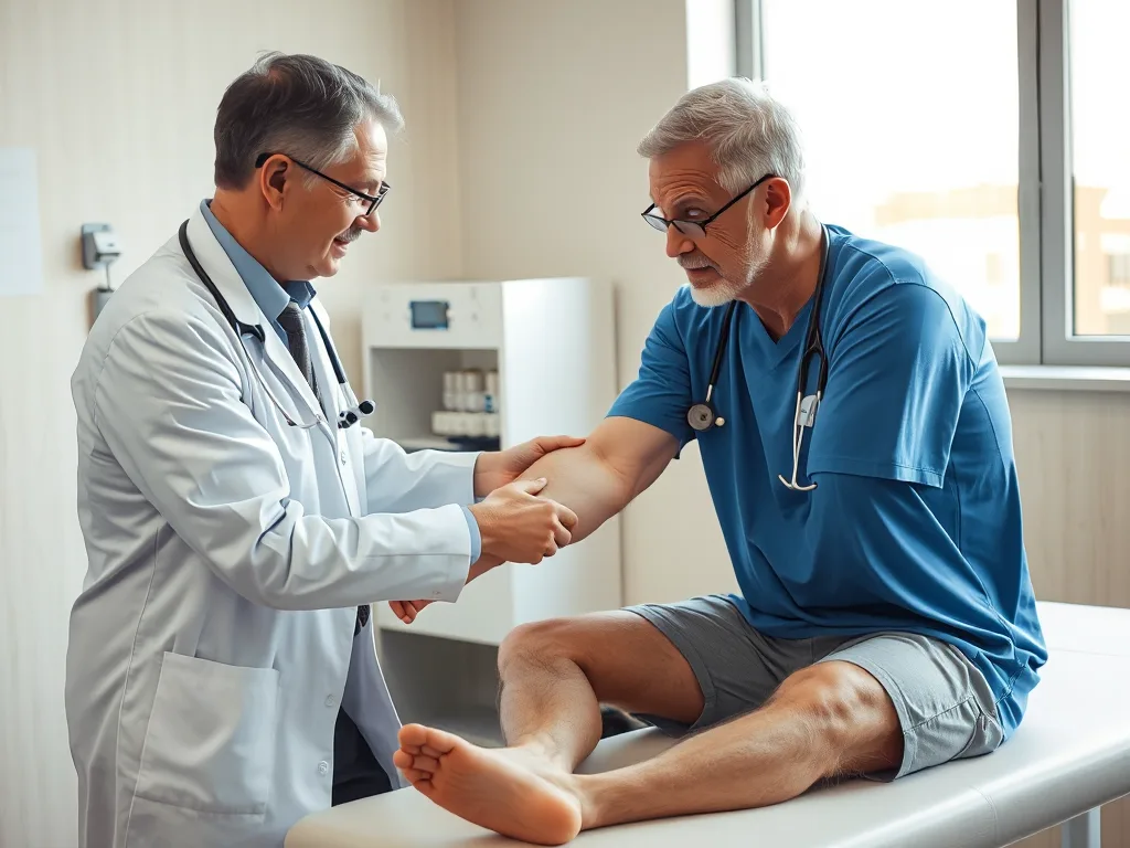 Một bác sĩ thể thao kiểm tra chấn thương khuỷu của người chơi pickleball trên bàn khám trong phòng khám có ánh sáng tự nhiên. Một bác sĩ thể thao kiểm tra chấn thương khuỷu của người chơi pickleball trên bàn khám trong phòng khám có ánh sáng tự nhiên.