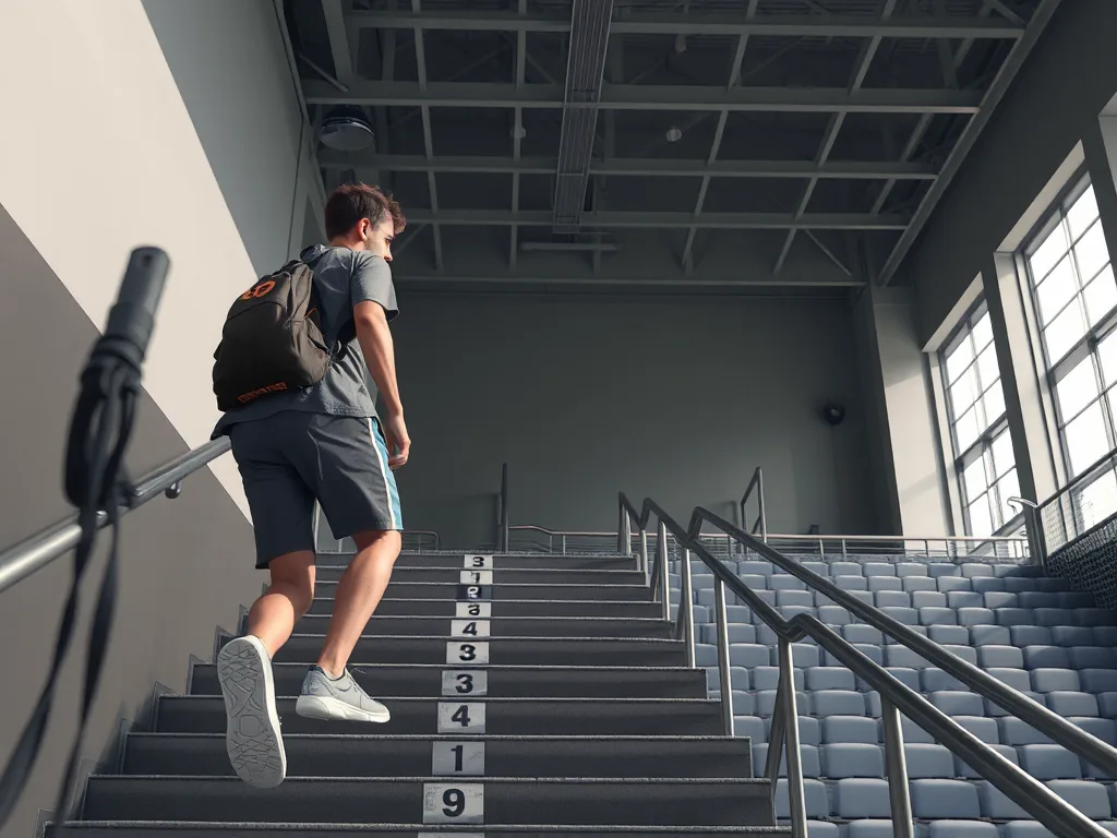 Một người chơi phong trào đang leo lên cầu thang có các mốc xếp hạng, nhìn lên vận động viên bán chuyên ở đỉnh, trong sân thể thao trong nhà.