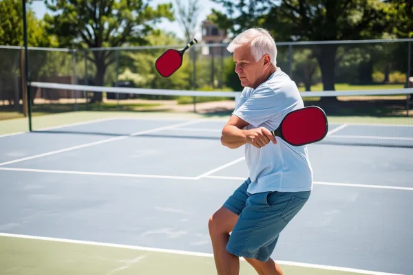 Một vận động viên chơi pickleball với tư thế đúng, lưng thẳng, đầu gối gập, trên sân ngoài trời nắng đẹp, thể hiện kỹ thuật chơi để phòng ngừa chứng đau lưng.