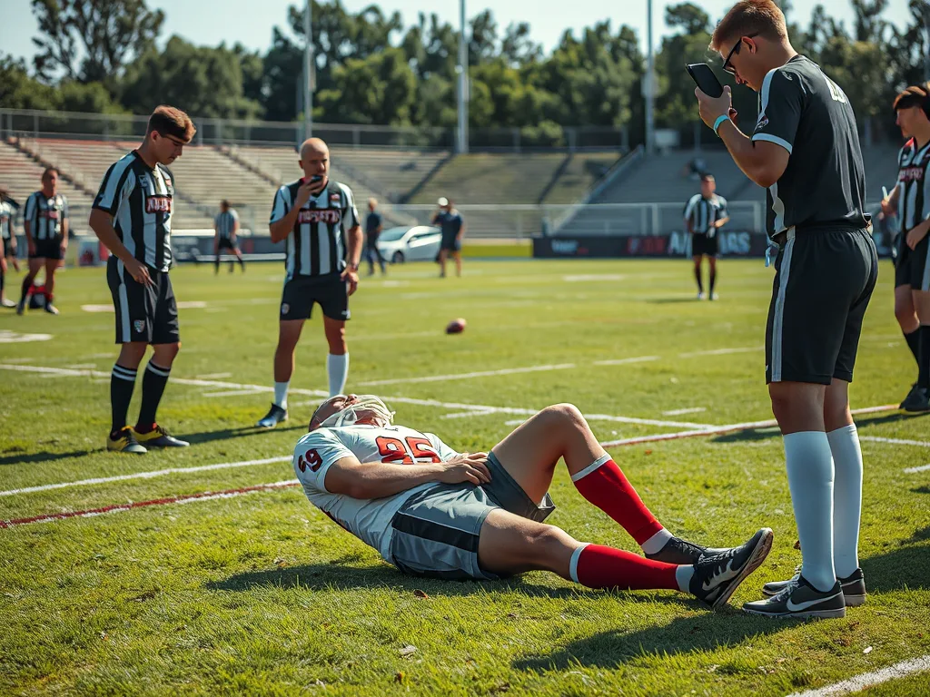 Một vận động viên ngã trên sân cỏ, các đồng đội đứng xung quanh, một người gọi điện thoại cấp cứu, trời nắng, thể hiện chấn thương nghiêm trọng cần dừng chơi ngay. Một vận động viên ngã trên sân cỏ, các đồng đội đứng xung quanh, một người gọi điện thoại cấp cứu, trời nắng, thể hiện chấn thương nghiêm trọng cần dừng chơi ngay.