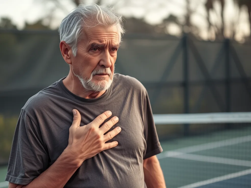 Người cao tuổi chơi pickleball bỗng đau ngực, tay ôm ngực trên sân chơi, rủi ro sức khỏe tim mạch.