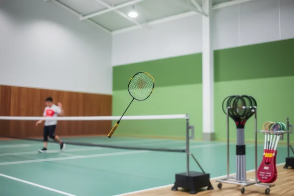 Người chơi cầm vợt cá nhân đứng trước kệ thuê vợt tại sân cầu lông trong nhà, phản ánh sự lựa chọn giữa dịch vụ thuê vợt và mua vợt riêng.