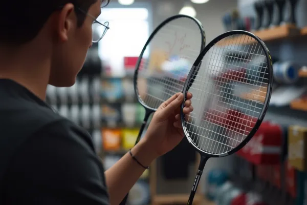 Người chơi cầu lông đang so sánh hai chiếc vợt với trọng lượng khác nhau trong cửa hàng thể thao, chú ý đến tác động lên cổ tay.