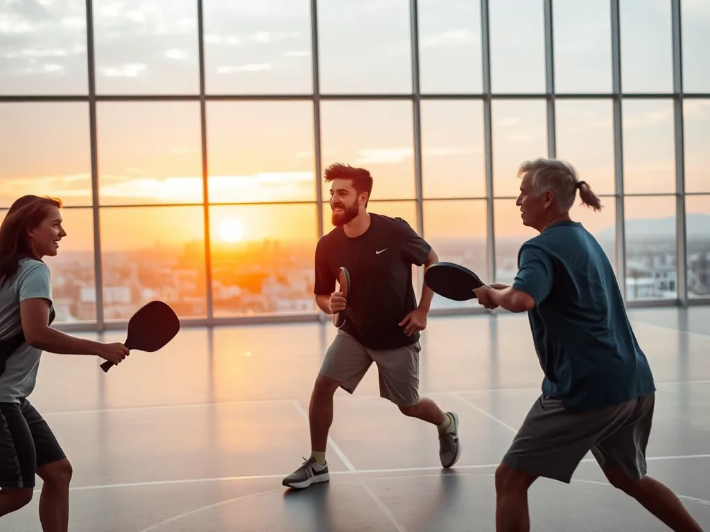 Người chơi đánh pickleball trên sân trong nhà tại tầng 7 với tầm nhìn thành phố Đà Nẵng, ánh sáng vàng ấm áp, không khí cộng đồng vui vẻ. Review sân Pickleball Unity Đà Nẵng: Tầm nhìn tầng 7 cực ch...