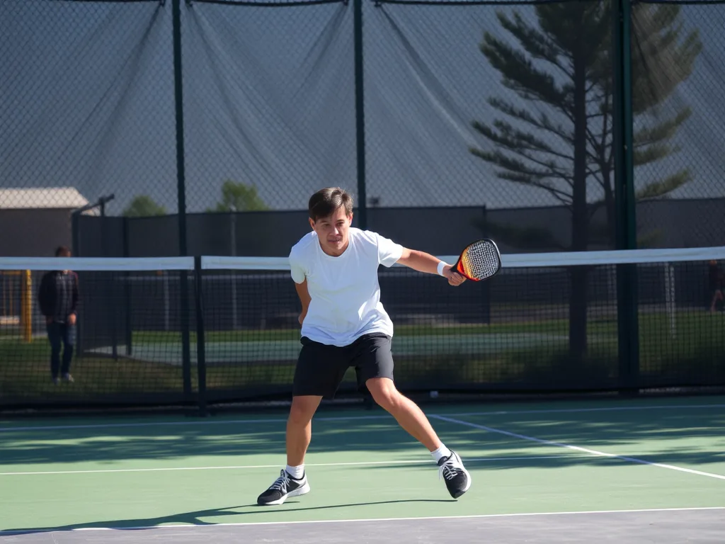 Người chơi đơn Pickleball phòng ngự trên toàn sân, phía sau là hình ảnh phản chiếu hai cặp đôi tấn công phối hợp, thể thao ngoài trời.