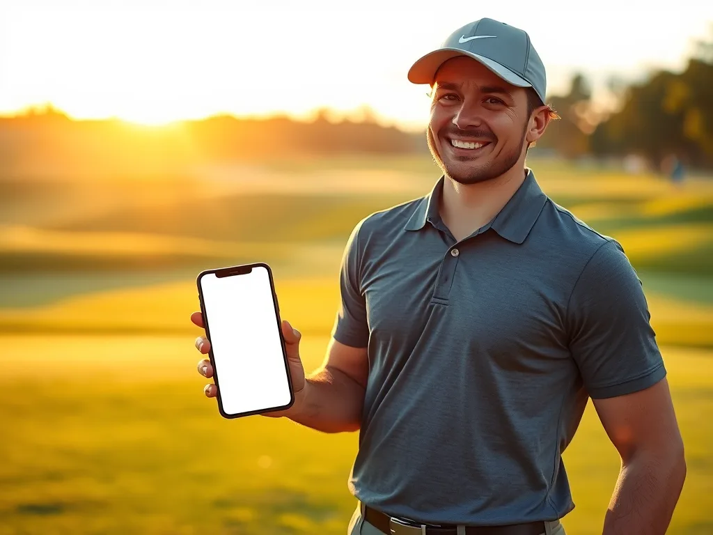 Người chơi golf đặt sân qua điện thoại trên sân golf xanh mướt dưới ánh nắng vàng buổi sáng cuối tuần Người chơi golf đặt sân qua điện thoại trên sân golf xanh mướt dưới ánh nắng vàng buổi sáng cuối tuần