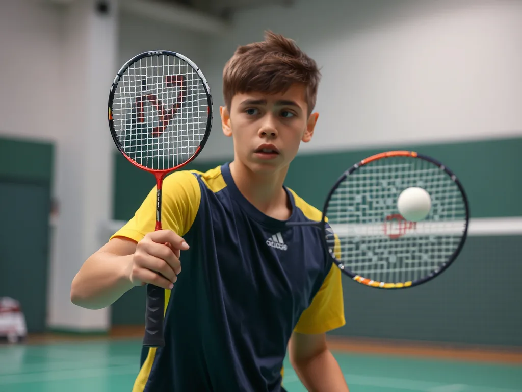 Người chơi mới thực hiện lỗi giao bóng với tư thế và cách cầm vợt sai trong sân cầu lông, biểu cảm bối rối.