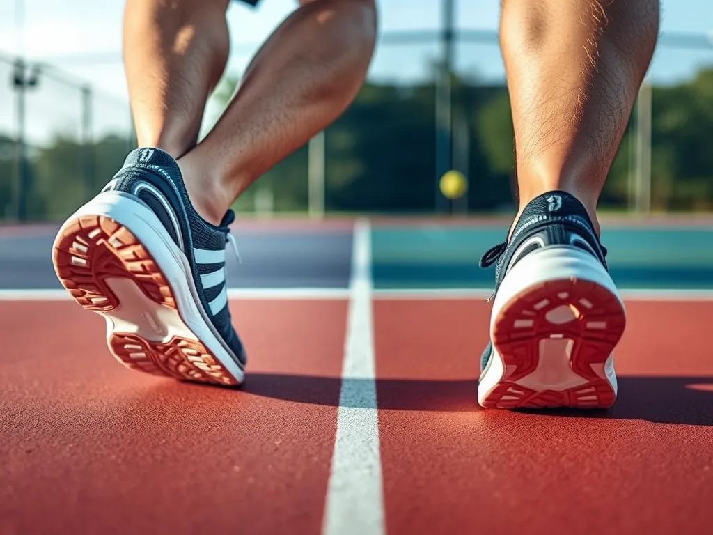 Người chơi pickleball bị lật cổ chân khi mang giày chạy bộ trên sân, so sánh giày thể thao và giày chuyên dụng cho sân, góc quay cận cảnh.