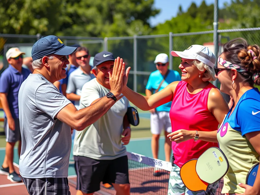 Người chơi pickleball đa đội tuổi cười đùa, bắt tay trong giải đấu ngoài trời, thể hiện tinh thần gắn kết và phát triển bền vững.