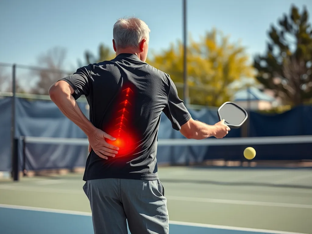 Người chơi pickleball đang cúi người sai cách khi đánh bóng, gây đau lưng dưới trên sân pickleball ngoài trời, ánh sáng mặt trời.