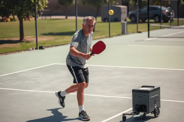 Người chơi pickleball đang luyện tập với máy bắn bóng Pickleball trên sân ngoài trời, bóng đang bay tới.
