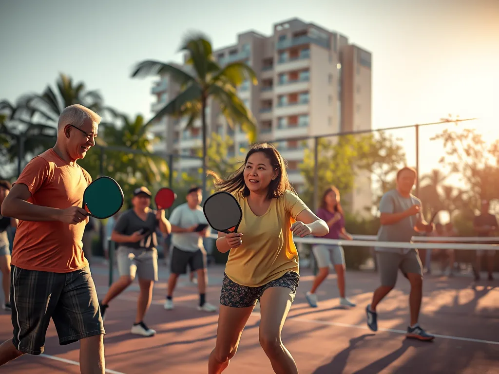 Người chơi pickleball đang thi đấu sôi nổi trên sân ngoài trời tại Việt Nam, thu hút đông người tham gia và cổ vũ, thể hiện sự phổ biến của môn thể thao này.