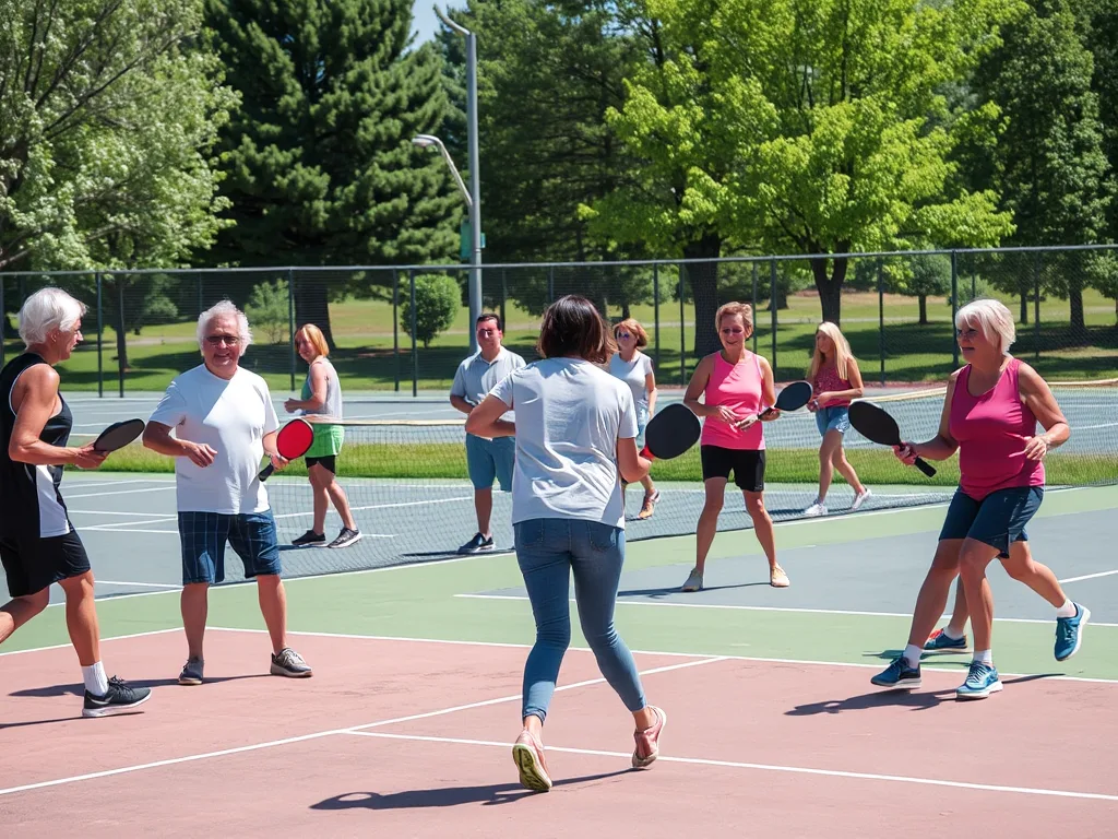 Người chơi Pickleball đang thi đấu trên sân trong cụm 12 sân Pickleball Công viên 30/6 Thái Bình, nhiều sân khác hiện ra phía sau, không gian ngoài trời. Người chơi Pickleball đang thi đấu trên sân trong cụm 12 sân Pickleball Công viên 30/6 Thái Bình, nhiều sân khác hiện ra phía sau, không gian ngoài trời.
