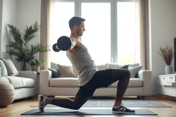 Người chơi Pickleball đang thực hiện bài tập supported lunge với tạ trong phòng khách hiện đại, minh họa cho 7 bài tập bổ trợ tại nhà giúp bạn thăng tiến trình độ Pickleball thần tốc