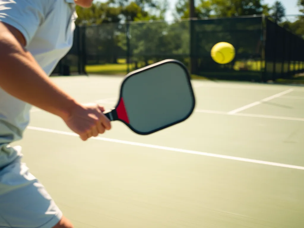 Người chơi pickleball đang thực hiện cú đánh mạnh mẽ với vợt trên sân ngoài trời, minh họa cho review vợt Pickleball giá rẻ dưới 1 triệu. Người chơi pickleball đang thực hiện cú đánh mạnh mẽ với vợt trên sân ngoài trời, minh họa cho review vợt Pickleball giá rẻ dưới 1 triệu.
