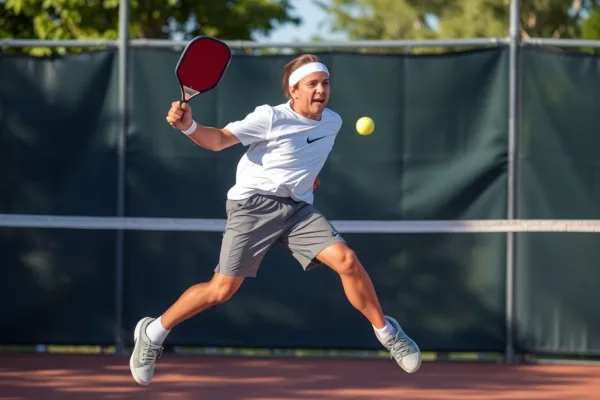 Người chơi pickleball đang vận động mạnh với cú đánh bóng trên sân ngoài trời, thể hiện cường độ vận động cao của môn thể thao này.