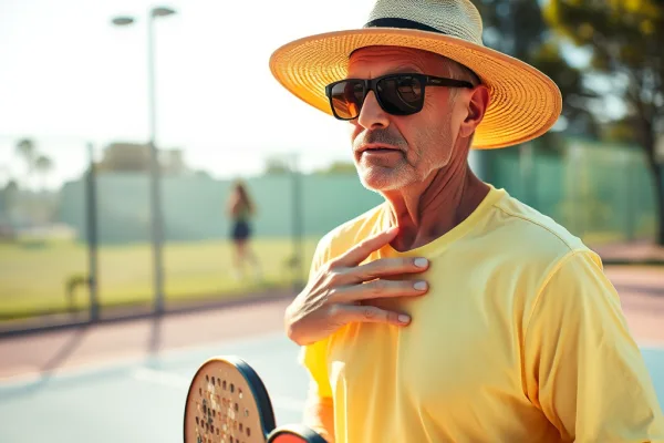 Người chơi Pickleball đeo mũ rộng vành, áo tay dài chống nắng, kính râm, thoa kem chống nắng trên sân nắng gắt, minh họa các cách bảo vệ làn da khi chơi Pickleball sân ngoài trời dưới cái nắng 40 độ.