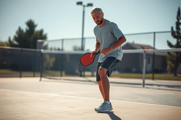 Người chơi pickleball điều chỉnh vị trí chân sau vạch kitchen, tập trung vào mặt vợt và quỹ đạo bóng, sân chơi ngoài trời.