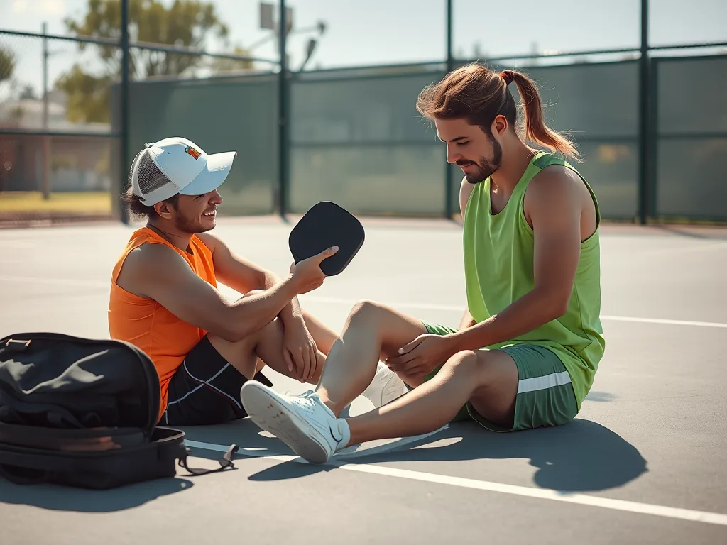 Người chơi pickleball được sơ cứu khẩn cấp cho chấn thương cổ chân ngay trên sân, với bạn đồng đội hỗ trợ và hộp cứu thương mở, minh họa cho 5 chấn thương thường gặp và cách sơ cứu nhanh. Người chơi pickleball được sơ cứu khẩn cấp cho chấn thương cổ chân ngay trên sân, với bạn đồng đội hỗ trợ và hộp cứu thương mở, minh họa cho 5 chấn thương thường gặp và cách sơ cứu nhanh.