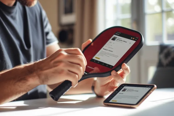 Người chơi Pickleball kiểm tra kỹ chiếc vợt cũ trước khi mua, điện thoại hiển thị thông tin bán trên hội nhóm, không gian nhà cửa ấm cúng