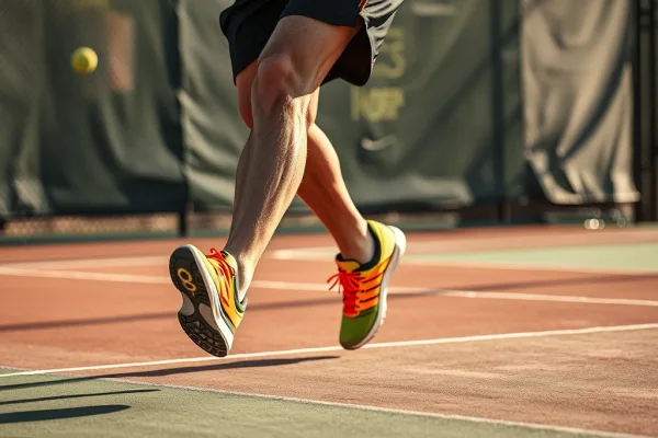 Người chơi pickleball mang giày chạy bộ đang bị trượt chân và có nguy cơ lật cổ chân trên sân, cảnh báo nguy hiểm khi dùng giày không phù hợp.