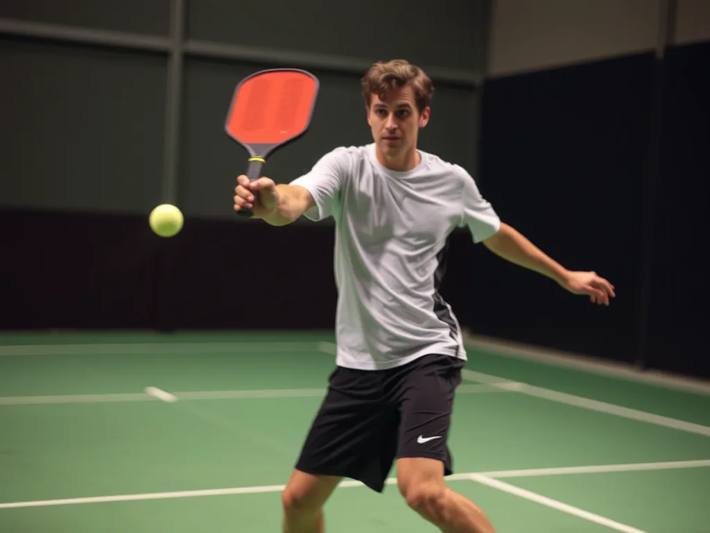 Người chơi pickleball sử dụng vợt Selkirk Vanguard Power Air đánh bóng chính xác vào điểm ngọt trên sân trong nhà.