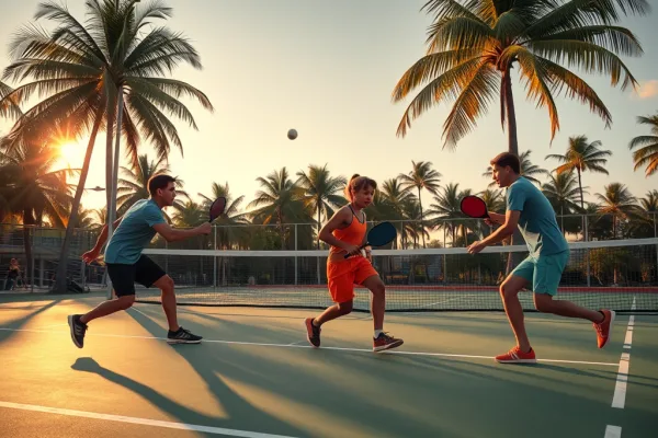 Người chơi pickleball thi đấu tại sân USC Thạnh Mỹ Lợi Thủ Đức, mặt sân xanh mịn với khung cảnh cây xanh và ánh nắng vàng.