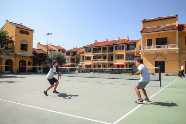 Người chơi pickleball thi đấu trên sân đạt chuẩn quốc tế đầu tiên tại Hội An, với hệ thống sân hiện đại và kiến trúc cổ quanh đó