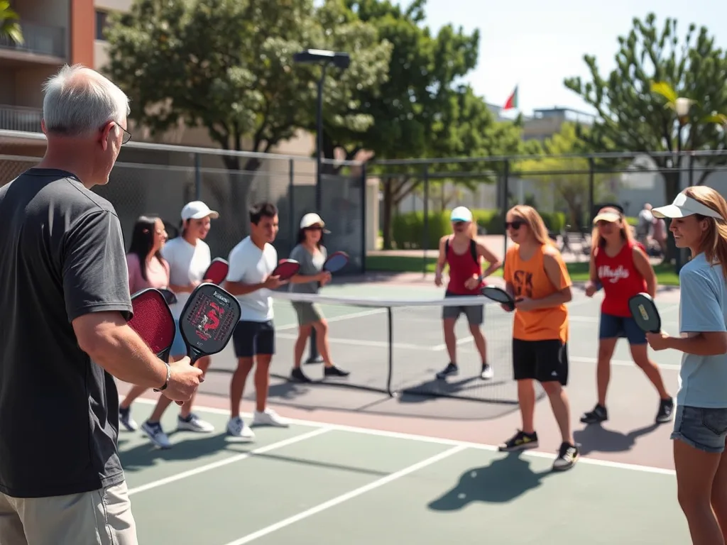 Người chơi pickleball thi đấu trên sân ngoài trời USC Thạnh Mỹ Lợi có huấn luyện viên hướng dẫn, thể hiện cộng đồng sôi động và dịch vụ đào tạo chuyên nghiệp.