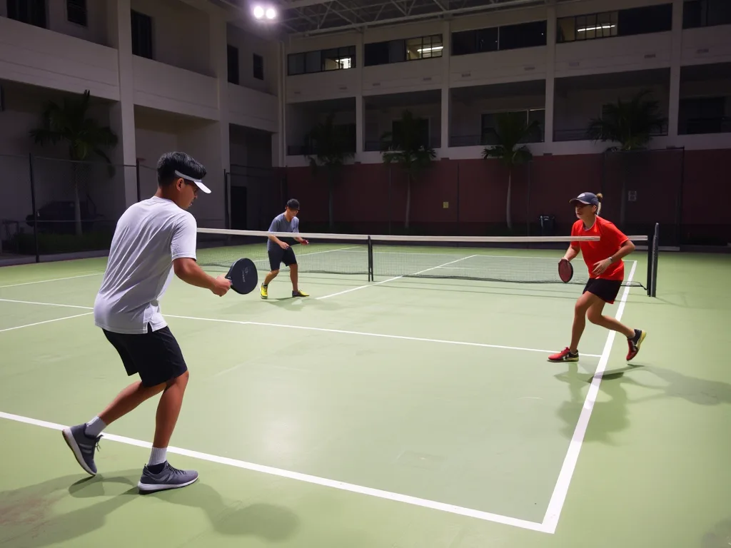 Người chơi pickleball thi đấu trên sân USC Thạnh Mỹ Lợi tại Thủ Đức, mặt sân phẳng, hệ thống đèn chiếu sáng hiện đại, thể hiện cơ sở vật chất tốt.