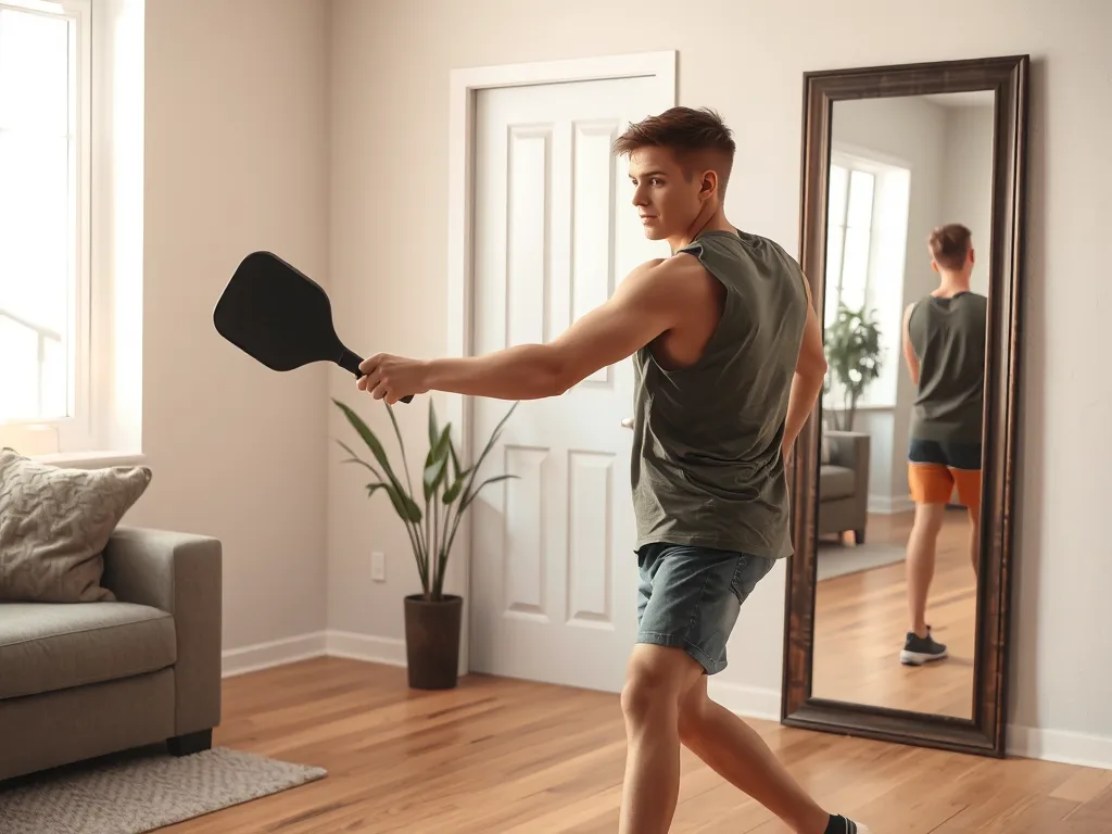 Người chơi pickleball thực hành đánh bóng vào tường nhà, tay cầm vợt, gương lớn phản chiếu phong cách đánh, không gian phòng khách thoáng mát.