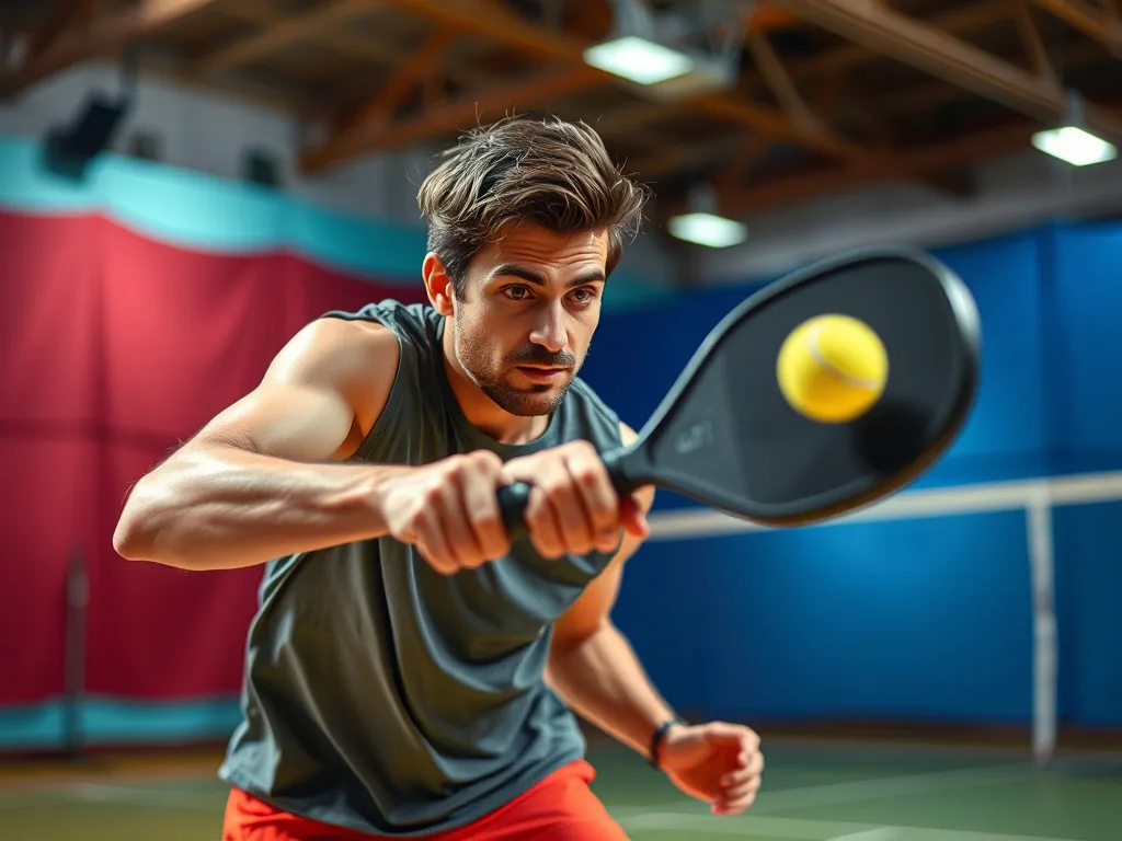 Người chơi pickleball thực hiện bài kiểm tra phản xạ tay-mắt, đánh bóng trong sân thể thao, thể hiện sự linh hoạt và tập trung.