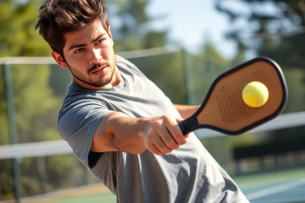 Người chơi pickleball thực hiện bài kiểm tra phản xạ thực tế, thể hiện sự linh hoạt và phối hợp chặt chẽ giữa tay và mắt trên sân chơi.