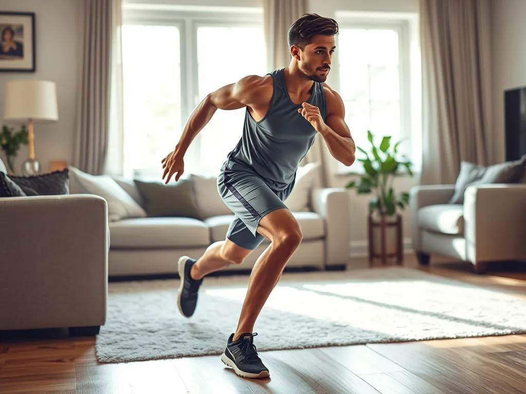 Người chơi Pickleball thực hiện bài tập bước ngang tại nhà trong phòng khách, ánh sáng tự nhiên, tư thế nhanh và khéo léo để nâng cao kỹ năng.