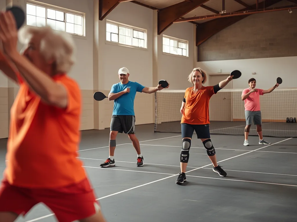 Người chơi pickleball thực hiện bài tập khởi động phòng chống chấn thương trên sân trong nhà, đeo bảo vệ đầu gối và giày thể thao phù hợp. Người chơi pickleball thực hiện bài tập khởi động phòng chống chấn thương trên sân trong nhà, đeo bảo vệ đầu gối và giày thể thao phù hợp.