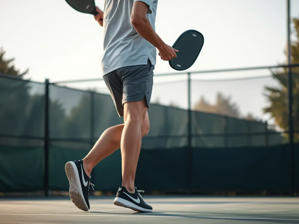 Người chơi pickleball thực hiện cú đánh đúng kỹ thuật với lưng thẳng, gối gập nhẹ trên sân ngoài trời, thể hiện cách chơi an toàn cho cột sống.