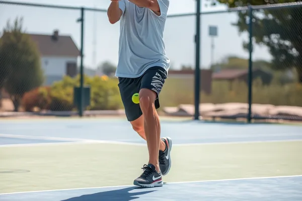 Người chơi pickleball thực hiện cú giao bóng với bóng nằm dưới thắt lưng trên sân chơi ngoài trời, thể hiện quy tắc đặc trưng.