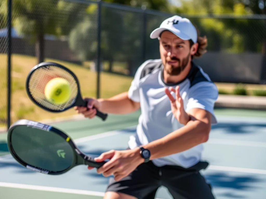 Người chơi pickleball thực hiện cú Third Shot Drop chính xác trên sân ngoài trời, tập trung vào quỹ đạo bóng, ánh sáng tự nhiên