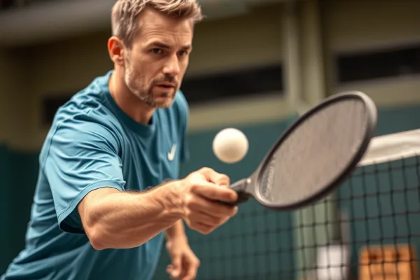 Người chơi pickleball thực hiện cú Third Shot Drop hoàn hảo, bóng lăn nhẹ nhàng qua lưới trong sân chơi trong nhà.