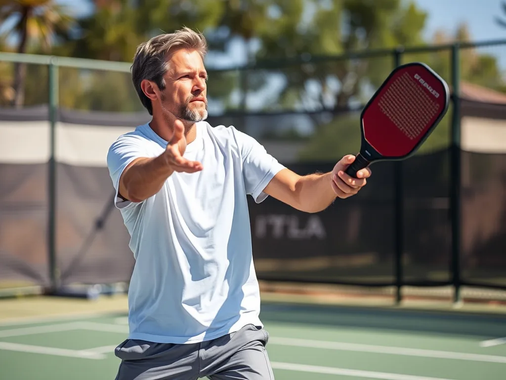 Người chơi pickleball thực hiện động tác giao bóng dưới thắt lưng trên sân ngoài trời, mặt trời sáng, phong cách nhiếp ảnh thể thao chân thực.