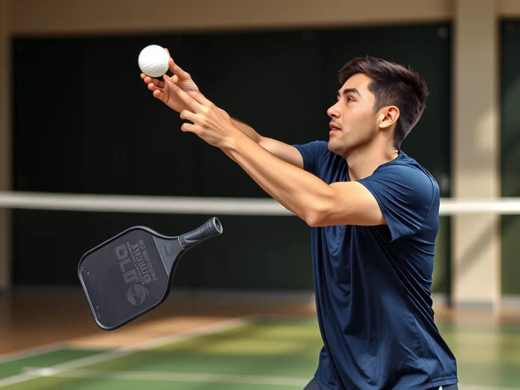 Người chơi pickleball thực hiện giao bóng dưới thắt lưng, vợt đánh dưới hông, bóng bay lên trên sân trong, thể hiện yếu tố kỹ thuật bắt buộc của luật.