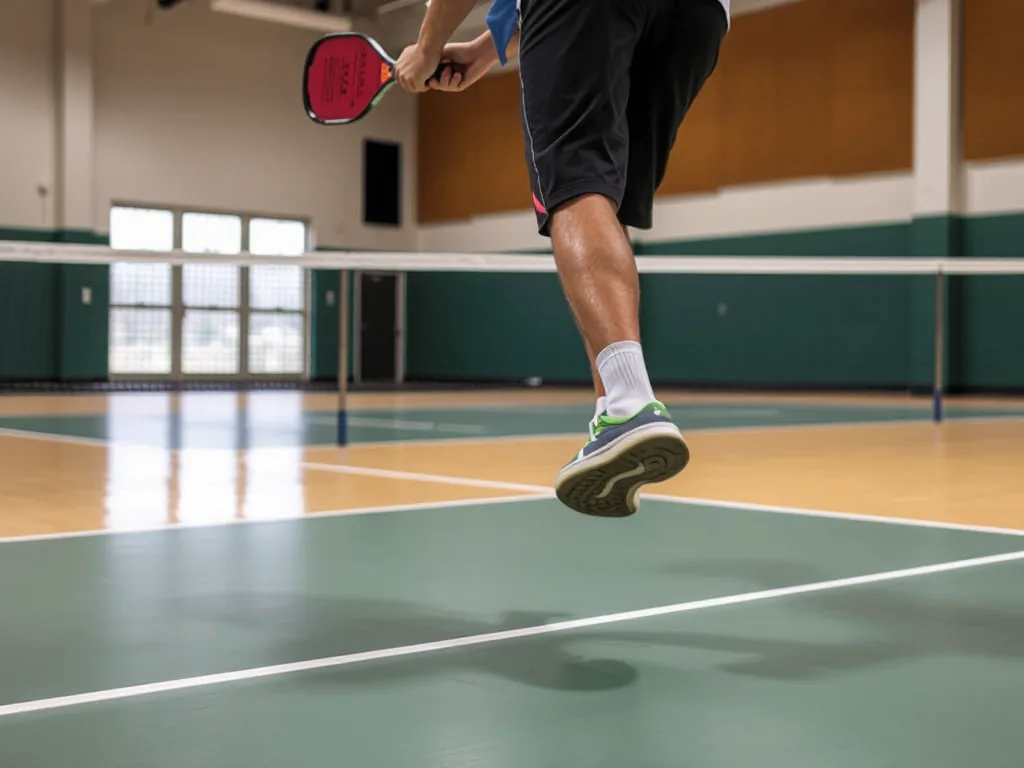 Người chơi pickleball thực hiện kỹ thuật di chuyển chân chính xác tại vùng kitchen, đứng sau vạch để khắc phục lỗi chân. Người chơi pickleball thực hiện kỹ thuật di chuyển chân chính xác tại vùng kitchen, đứng sau vạch để khắc phục lỗi chân.