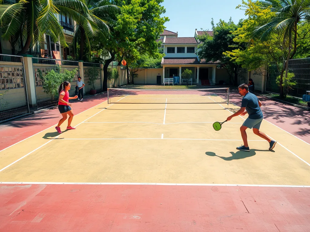 Người chơi pickleball trên cụm sân La Queenara Hội An, sân đạt chuẩn quốc tế đầu tiên ở Quảng Nam, không gian ngoài trời.