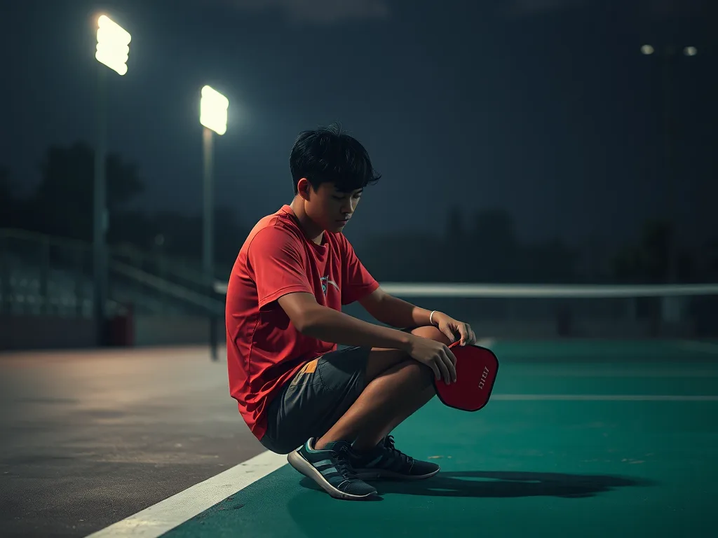 Người chơi pickleball Việt Nam kiệt sức ngồi nghỉ trên sân tối muộn, so sánh với sân sáng sớm đông người, thể hiện tác hại sức khỏe khi chơi sau 21h Người chơi pickleball Việt Nam kiệt sức ngồi nghỉ trên sân tối muộn, so sánh với sân sáng sớm đông người, thể hiện tác hại sức khỏe khi chơi sau 21h