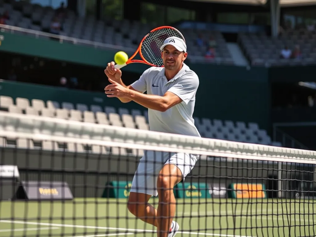 Người chơi tennis đang phản ứng nhanh khi bóng chạm lưới, vợt căng ra trong tư thế sẵn sàng đánh trả trên sân đấu. Người chơi tennis đang phản ứng nhanh khi bóng chạm lưới, vợt căng ra trong tư thế sẵn sàng đánh trả trên sân đấu.