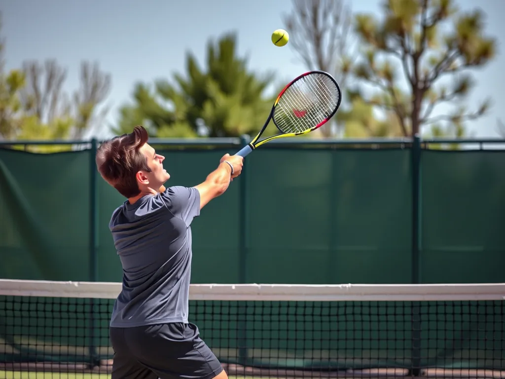 Người chơi tennis thực hiện cú lốp bóng (lob) với bóng bay vút cao qua lưới, đối thủ đứng sát lưới phía dưới, sân tennis ngoài trời. Người chơi tennis thực hiện cú lốp bóng (lob) với bóng bay vút cao qua lưới, đối thủ đứng sát lưới phía dưới, sân tennis ngoài trời.