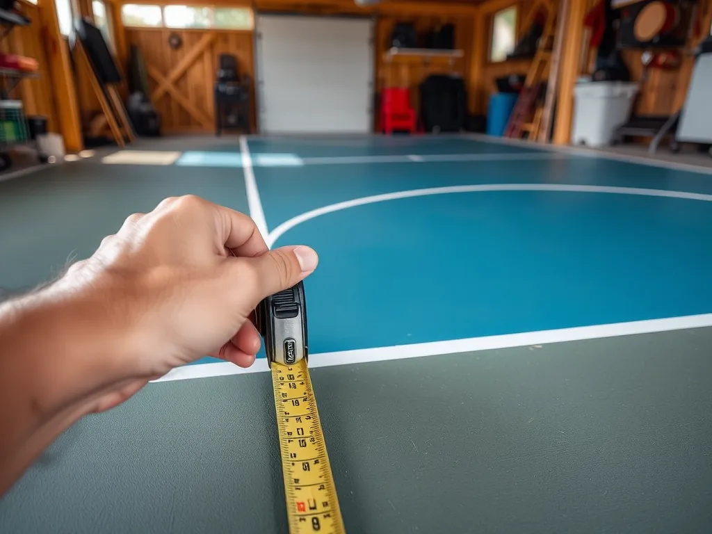 Người đang dùng thước đo kiểm tra kích thước đường sân pickleball trong nhà, tuân thủ đúng tiêu chuẩn quốc tế 2026.